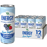 V8 lata frontal Blueberry Raspberry mostrando marca y sabor, refresco sin azúcar