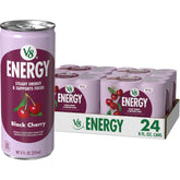 V8 lata frontal cereza negra mostrando diseño y frescura
