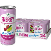 V8 lata frontal mostrando Cherry Lime y beneficio refrescante