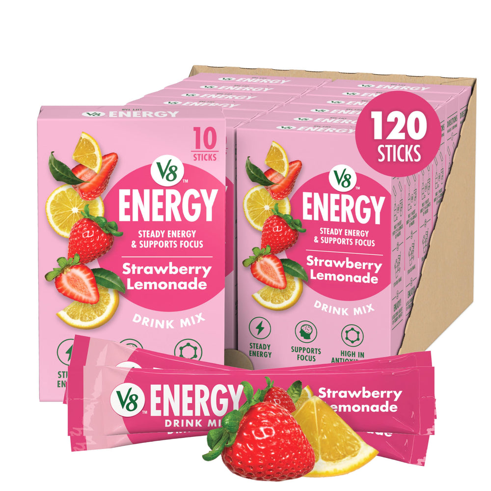 V8 sobre frontal mostrando empaque y conveniencia para llevar