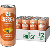V8 Energy lata frontal mostrando diseño y sabor naranja piña, refresca y energiza