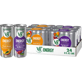V8 mostrando el pack frontal con latas y variedad de sabores, conveniente para llevar