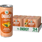 V8 Energy lata frontal mostrando diseño y sabor naranja piña, refresco práctico