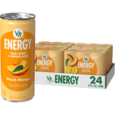 V8 lata frente mostrando diseño Peach Mango y fácil identificación