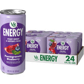 V8 lata frontal mostrando sabor pomegranate blueberry y diseño atractivo