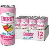V8 lata frontal con sabor strawberry lemonade mostrando diseño atractivo y refrescante