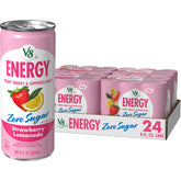 V8 Energy lata frontal mostrando sabor fresa-limonada y apariencia refrescante