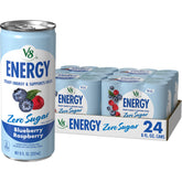 V8 lata frontal Blueberry Raspberry mostrando sabor y diseño atractivo