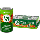 V8 lata frente pack de 24 mostrando diseño y conveniencia V8