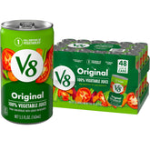 V8 lata frontal pack de 48 mostrando diseño y conveniencia V8