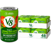 V8 lata frontal mostrando diseño de marca y ventaja baja en sodio