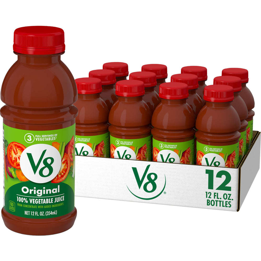 V8 botella frontal pack 12 mostrando presentación y conveniencia