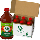 V8 botella frontal pack mostrando seis botellas V8 y beneficio de ahorro
