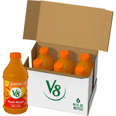 V8 botella Peach Mango frontal mostrando diseño y facilidad de uso