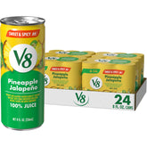 V8 lata frontal mostrando etiqueta y sabor piña jalapeño, ideal para llevar