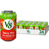 V8 lata frontal Spicy Hot mostrando el diseño y ventaja práctico