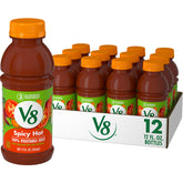 V8 Spicy Hot botella frontal mostrando etiqueta y porción lista