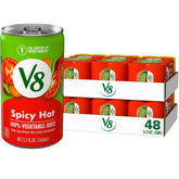 V8 lata frontal mostrando etiqueta picante y conveniencia