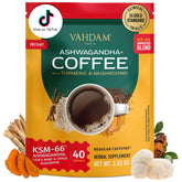 VAHDAM paquete frontal mostrando la mezcla funcional y beneficios sostenibles
