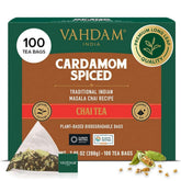 VAHDAM caja frontal de Cardamom Chai mostrando 100 bolsitas y conveniencia