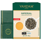 VAHDAM embalaje frontal del Imperial White Tea mostrando frescura