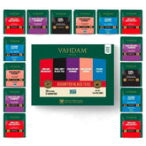 VAHDAM frontal del empaque surtido mostrando cinco sabores y 20 bolsitas, ideal para regalo