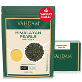 VAHDAM paquete frontal Himalayan Pearls mostrando marca y sellado al vacío para frescura