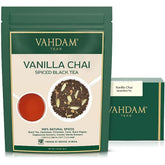 VAHDAM paquete frontal de Vanilla Spiced Masala Chai mostrando sello fresco y beneficio de aroma