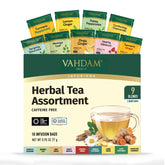 VAHDAM vista frontal del surtido de tés herbales mostrando variedad y embalaje práctico