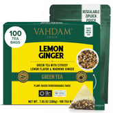 VAHDAM funda frontal del producto que muestra mezcla cítrica y práctico cierre ziplock