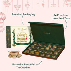 VAHDAM lata abierta con hojas sueltas, muestra la calidad del té