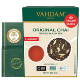 VAHDAM frente del empaque mostrando 12oz y diseño, conserva frescura