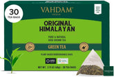 VAHDAM vista frontal del paquete Himalayan Green Tea y beneficio frescura