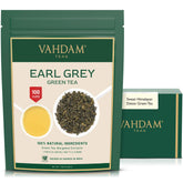 VAHDAM envase frontal mostrando té verde earl grey y frescura
