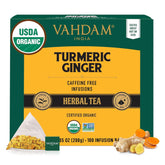 VAHDAM paque frontal del té cúrcuma jengibre mostrando diseño y beneficios