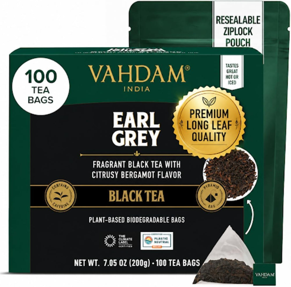VAHDAM presentación frontal de Earl Grey con diseño y beneficio visual