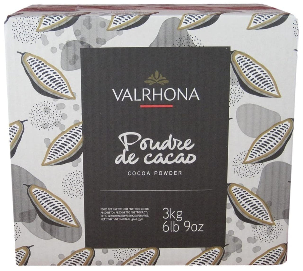 Valrhona frasco frontal mostrando la etiqueta y el tamaño 3 kg, calidad profesional