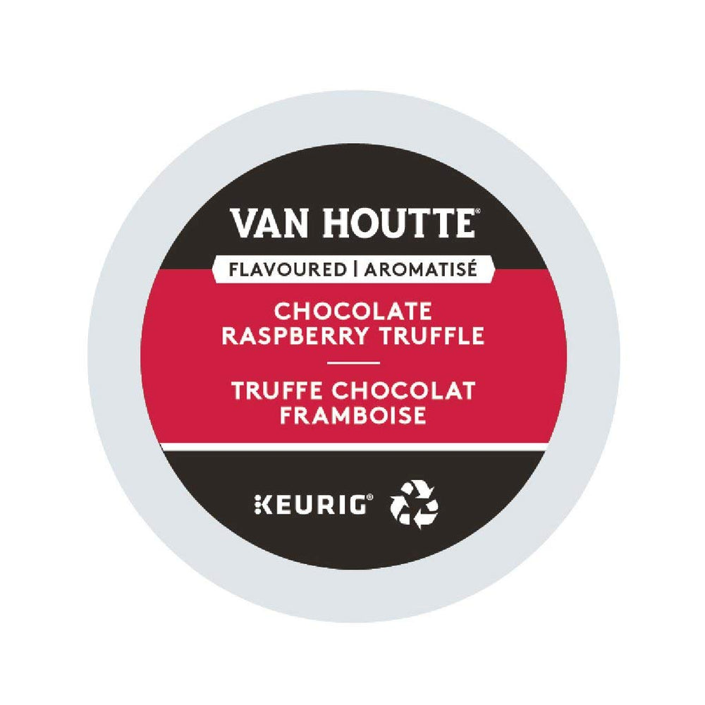 Van Houtte caja frontal mostrando sabor chocolate frambuesa y conveniencia