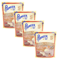 Vending 2 U paquete frontal de Pioneer Country Sausage Gravy Mix mostrando cuatro sobres