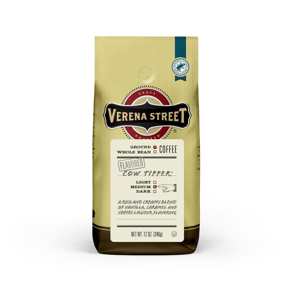 Verena Street paquete frontal mostrando 12 oz y perfil sabor crema