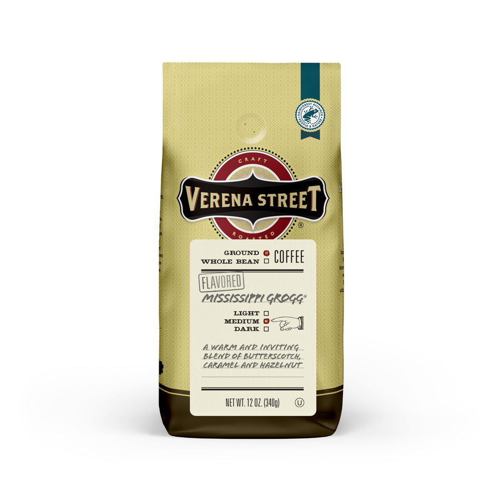 Verena Street empaque frontal mostrando 12oz y sabor Mississippi Grogg