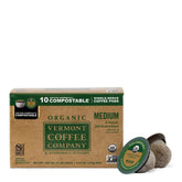 Vermont Coffee Company empaque frontal mostrando 10 cápsulas compostables y beneficios orgánicos