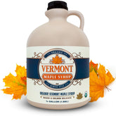 Vermont Maple Syrup botella frontal mostrando color y pureza beneficioso