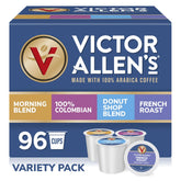 Victor Allen's Coffee paquete frontal mostrando las cuatro variedades y comodidad de 96 cápsulas