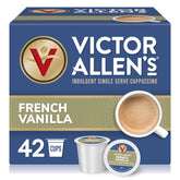 Victor Allen's Coffee caja frontal de French Vanilla Cappuccino mostrando diseño y cantidad de 42 cápsulas