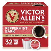 Victor Allen's empaque frontal de Peppermint Bark mostrando 32 cápsulas y atractivo festivo