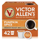 Victor Allen's Coffee frente del empaque mostrando 42 cápsulas y atractivo estacional