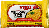 Vigo empaque frontal mostrando arroz amarillo listo para calentar y fácil almacenamiento