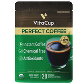 VitaCup bolsa frontal mostrando 20 porciones y beneficios de bajo en acidez