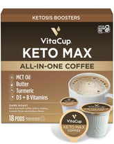 VitaCup caja frontal Keto Max mostrando diseño y cantidad 18 ct, conveniencia inmediata